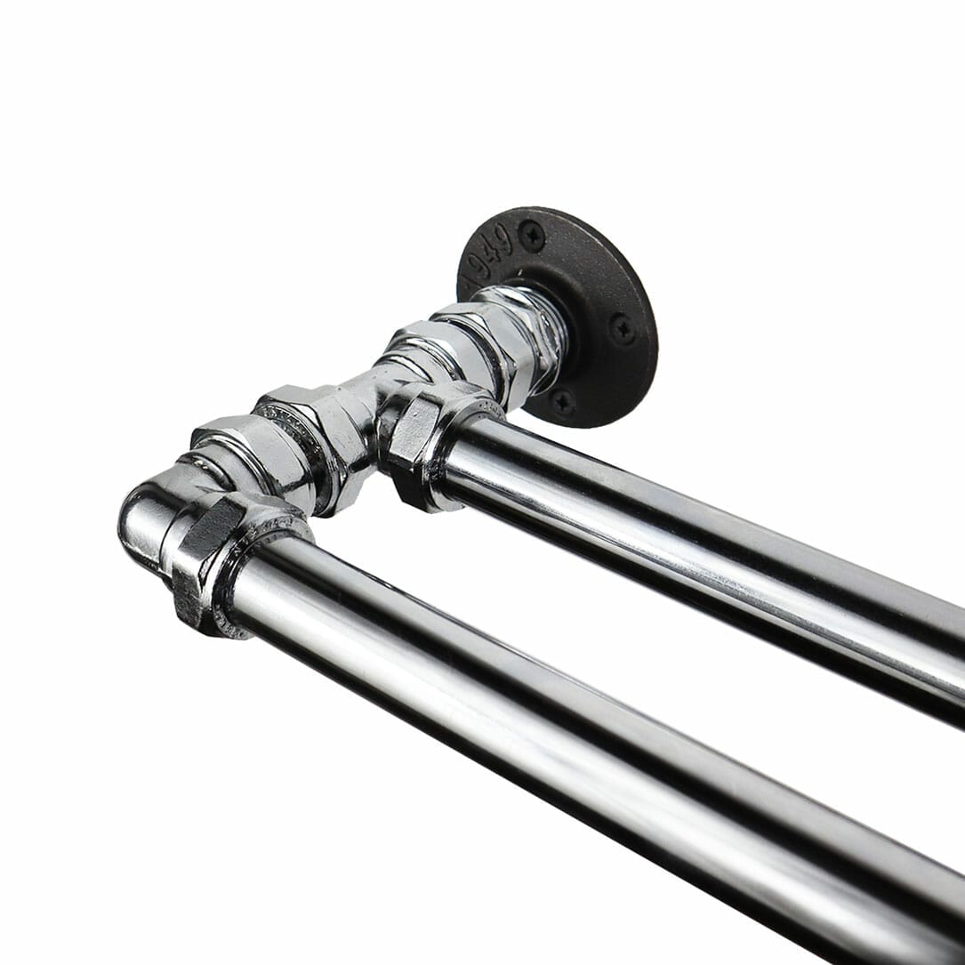 Chrome industrial pipe double curtain pole close up